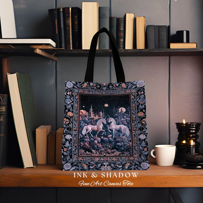 Moody Moonlit Unicorn Woven Tote | Elegant Medieval Florals Lavender Purple Whimsical Folklore Woven Tapestry Bag Fairytale Witchy Style |