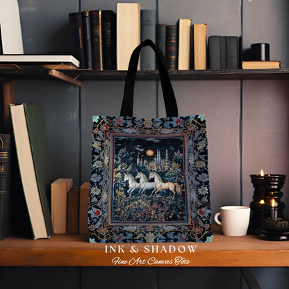 Witchy Dark Romantic Woven Tapestry Tote| Medieval Folklore Fairytale Inspired Cottagecore Whimsical Fantasy Unicorn Everyday Bag Gothic |