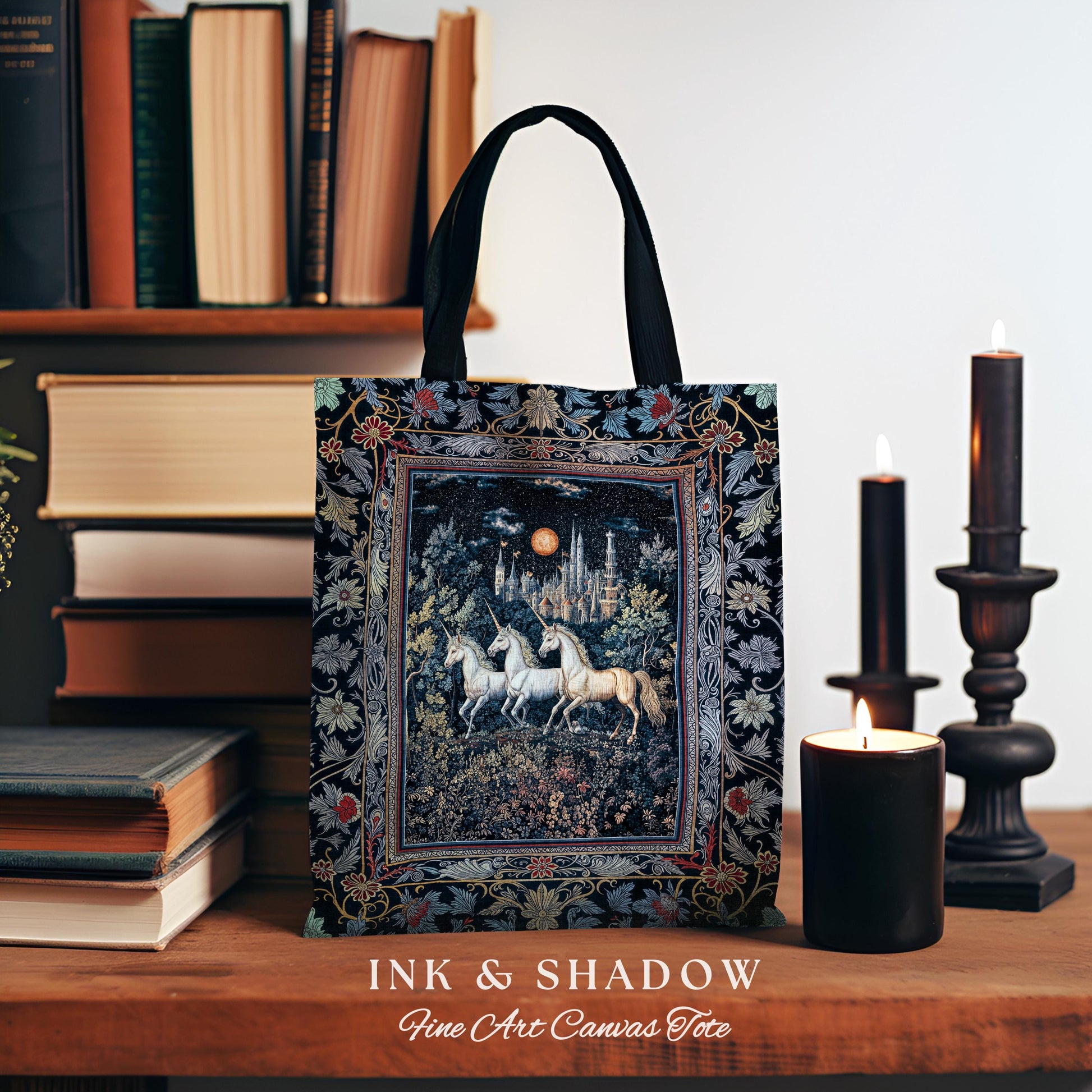 Witchy Dark Romantic Woven Tapestry Tote| Medieval Folklore Fairytale Inspired Cottagecore Whimsical Fantasy Unicorn Everyday Bag Gothic |