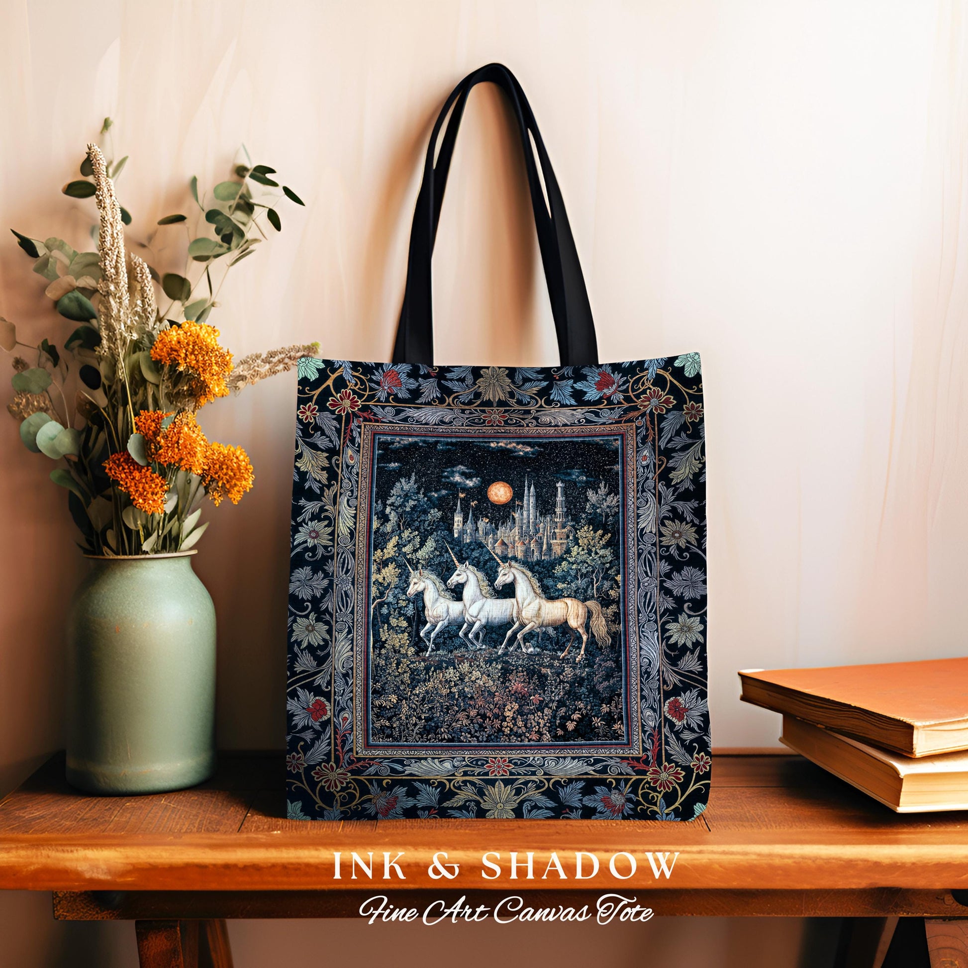 Witchy Dark Romantic Woven Tapestry Tote| Medieval Folklore Fairytale Inspired Cottagecore Whimsical Fantasy Unicorn Everyday Bag Gothic |