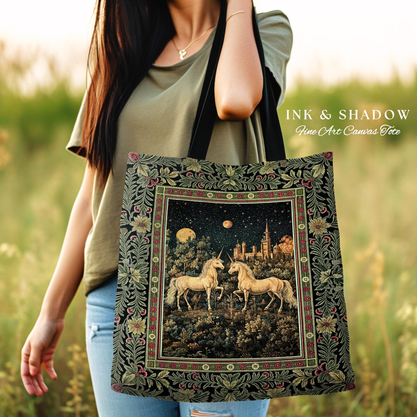 Dreamy Castle Landscape Unicorn Bag | Whimsical Elegance Magical Storybook Aesthetic Fairytale Landscape Tapestry Tote Enchanted Style |