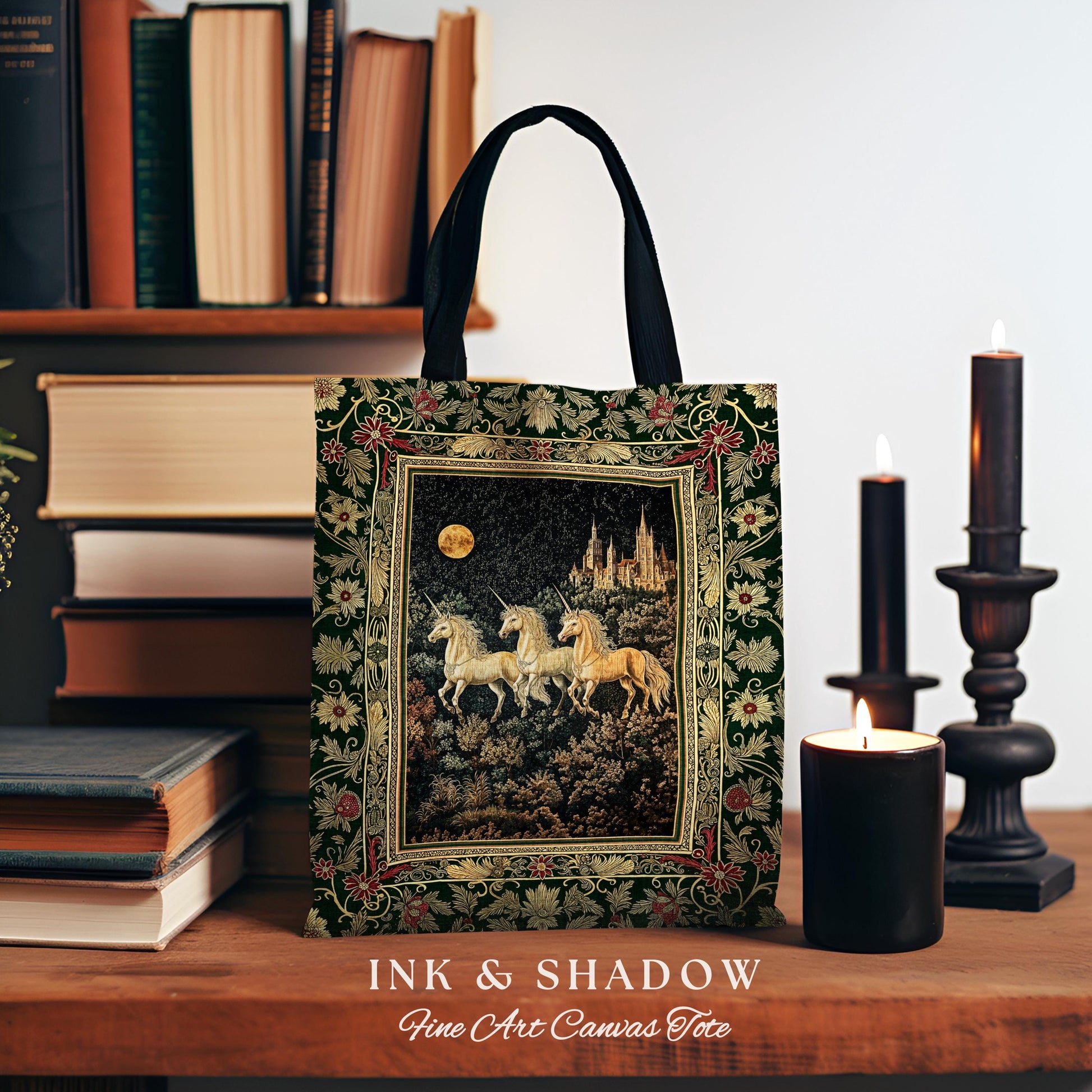 Fairytale Theme Moonlit Ethereal Tote | Unicorn Royalcore Woven Tote Castle Aesthetic Dreamy Tapestry Bag Baroque Gothic Storybook Art |
