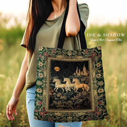 Fairytale Theme Moonlit Ethereal Tote | Unicorn Royalcore Woven Tote Castle Aesthetic Dreamy Tapestry Bag Baroque Gothic Storybook Art |