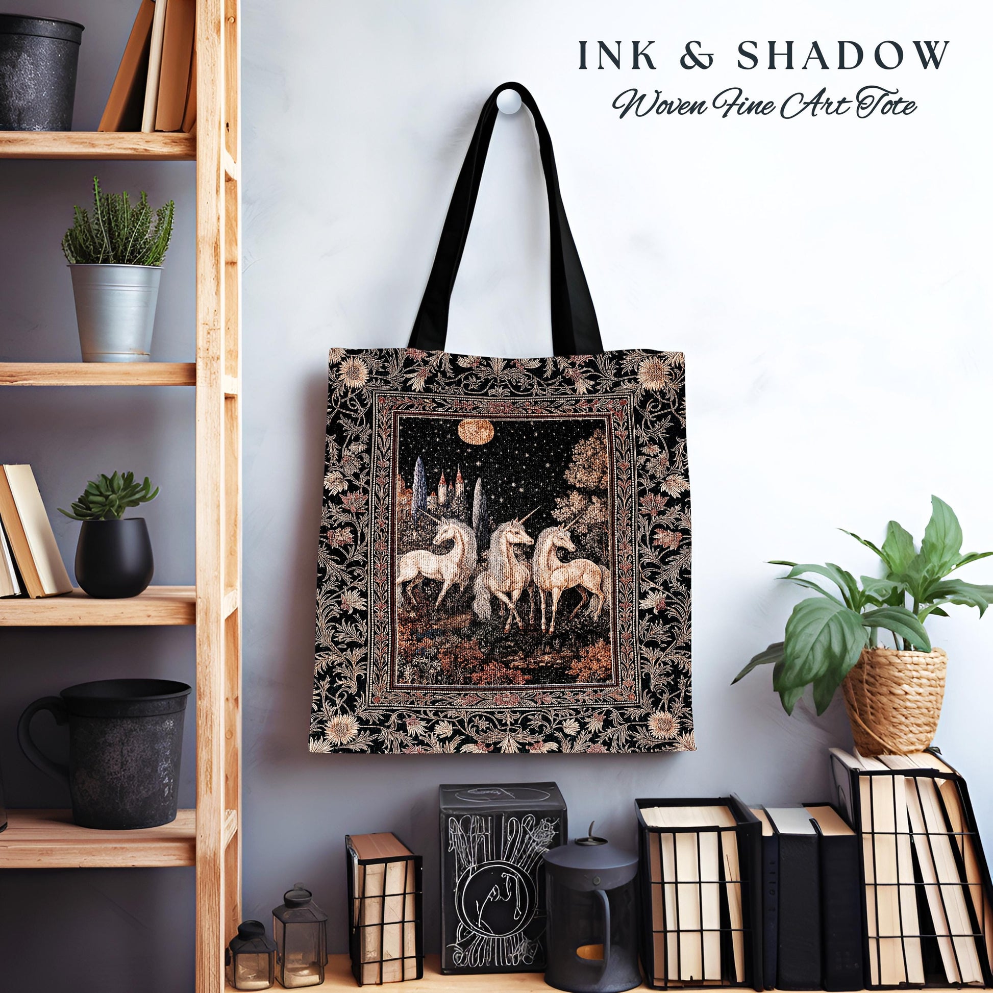 Medieval Ethereal Unicorn Tapestry Bag | Goblincore Aesthetic Woven Tote Ornate Vintage Gothic Baroque Florals Magical Wonders Fairytale