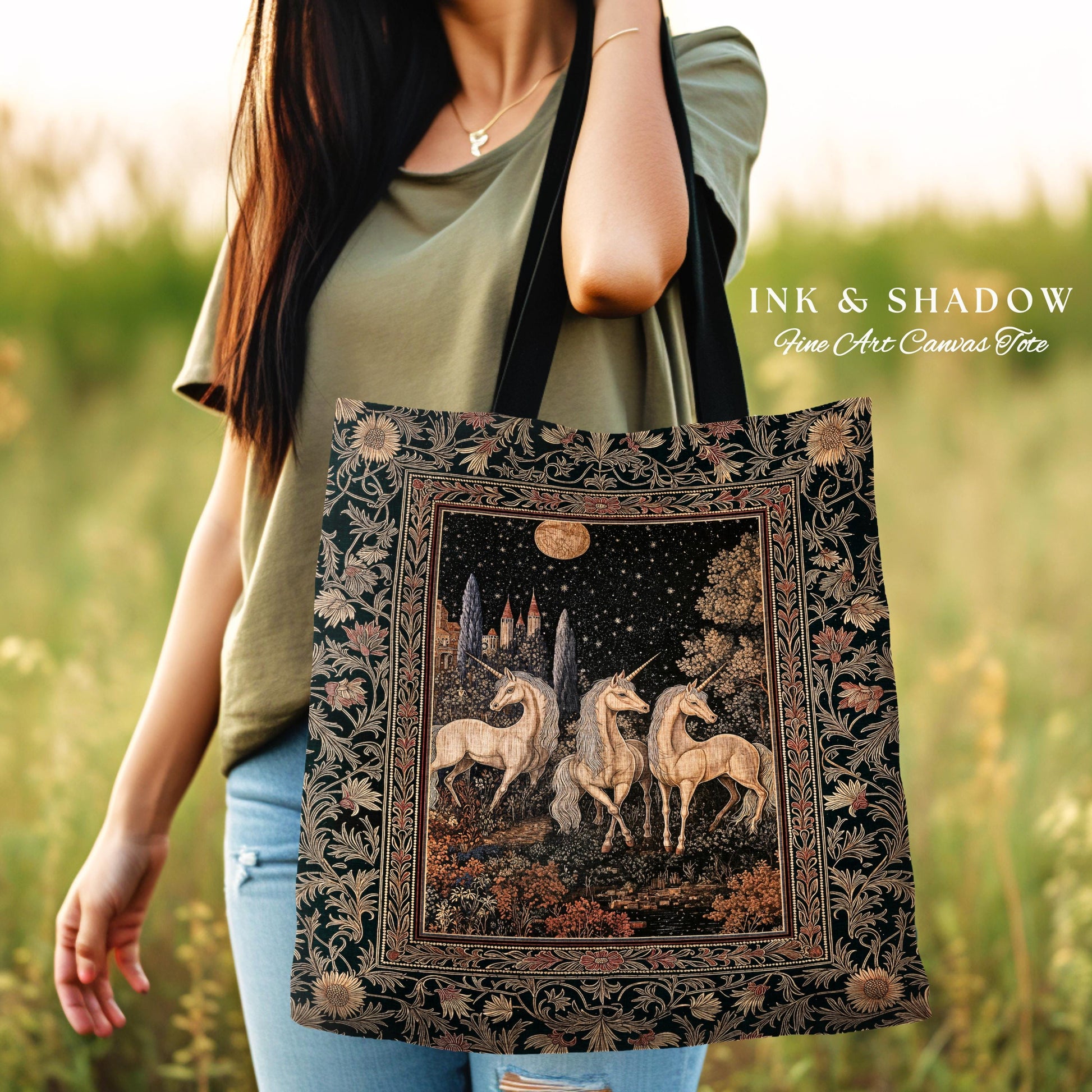 Medieval Ethereal Unicorn Tapestry Bag | Goblincore Aesthetic Woven Tote Ornate Vintage Gothic Baroque Florals Magical Wonders Fairytale