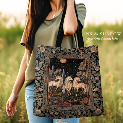 Medieval Ethereal Unicorn Tapestry Bag | Goblincore Aesthetic Woven Tote Ornate Vintage Gothic Baroque Florals Magical Wonders Fairytale