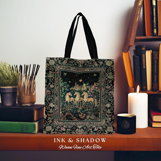 Mystic Academia Unicorn Tapestry Tote | Dark Victorian Gothic Floral Landscape Magical Elegance Woven Everyday Bag Storybook Fairytale Art |