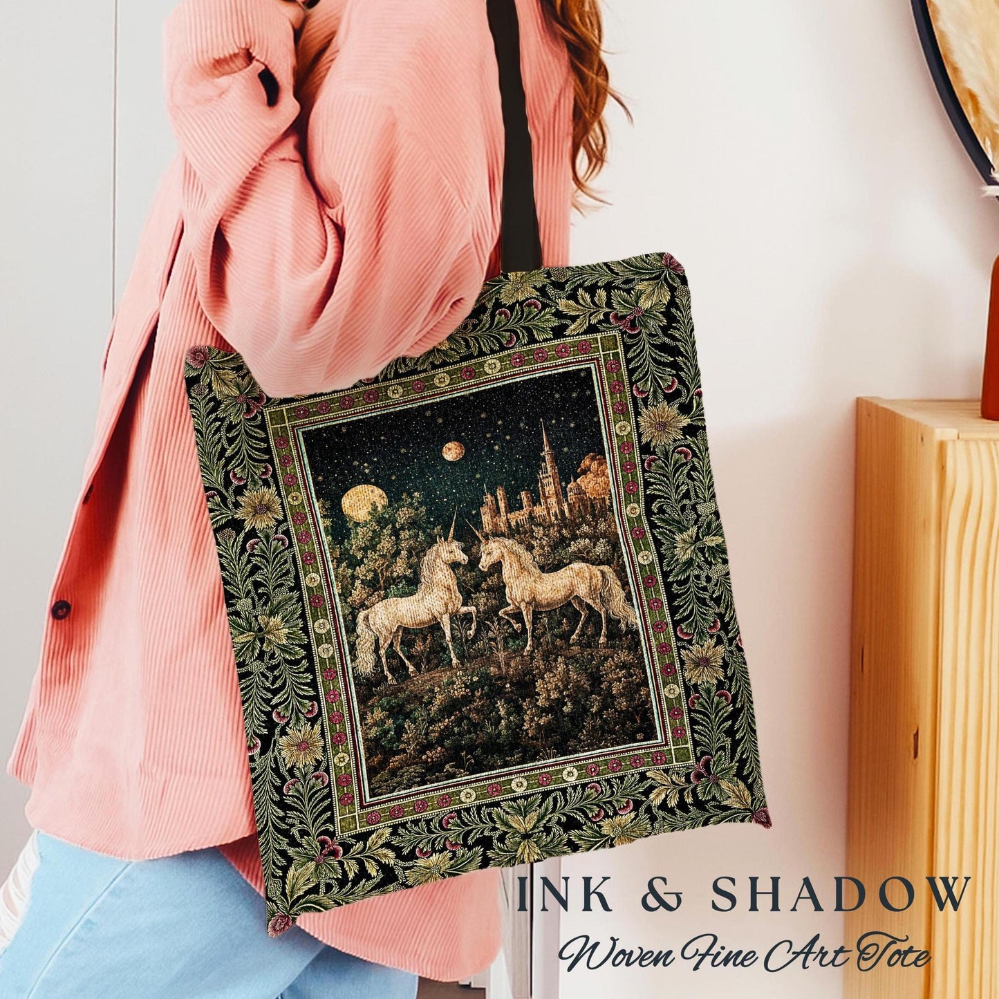 Dreamy Castle Landscape Unicorn Bag | Whimsical Elegance Magical Storybook Aesthetic Fairytale Landscape Tapestry Tote Enchanted Style |