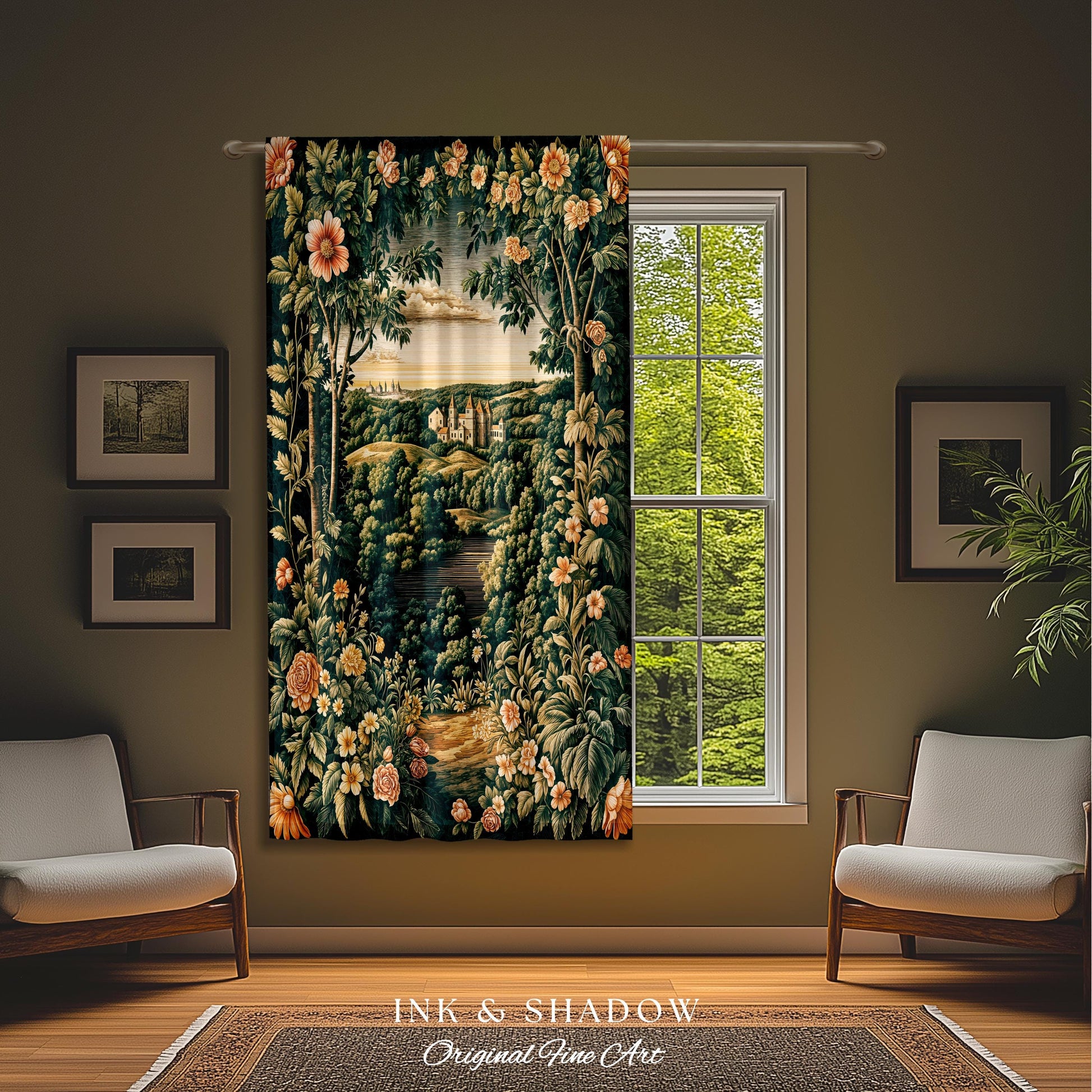 Princess Medieval Castle Window Curtains | Rustic Floral Landscape Whimsigoth Ethereal Bedroom Aesthetic Drapes Woodland Goth Romantic Decor