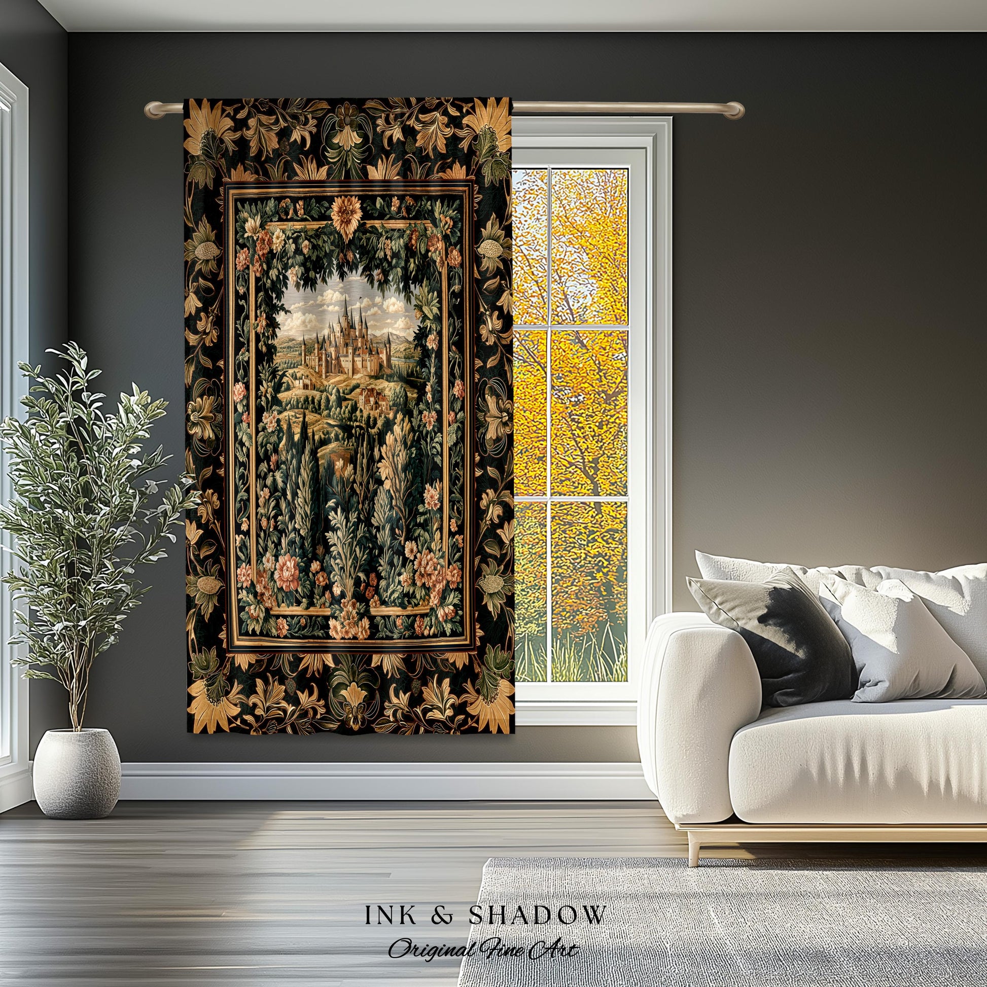 Dark Academia Victorian Royal Curtain | Fantasy Window Blackout Decor Woodland Princess Medieval Rustic Floral Landscape Coquette Maximalist