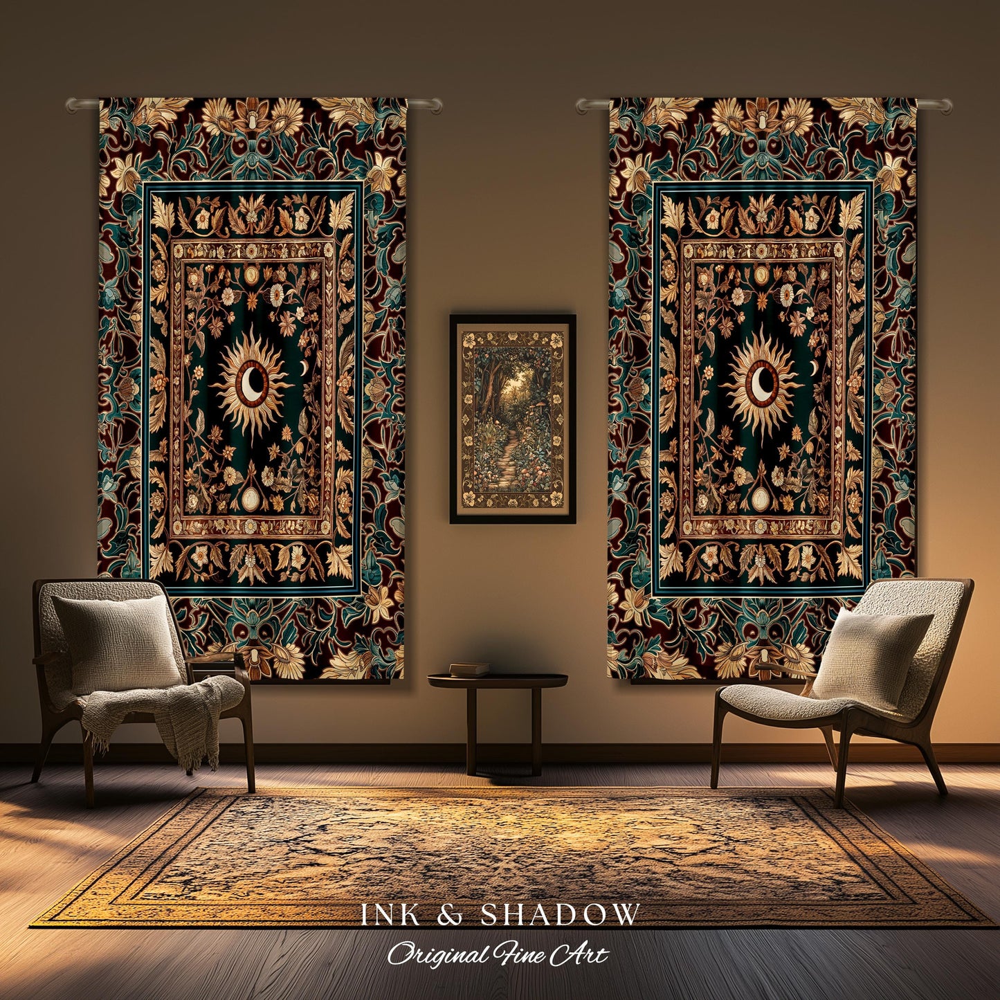 Moon and Sun Ethereal Bohemian Curtains | Celestial Tarot Aesthetic Zodiac Inspired Maximalist Bedroom Ethereal Astrology Witchy Drapes |