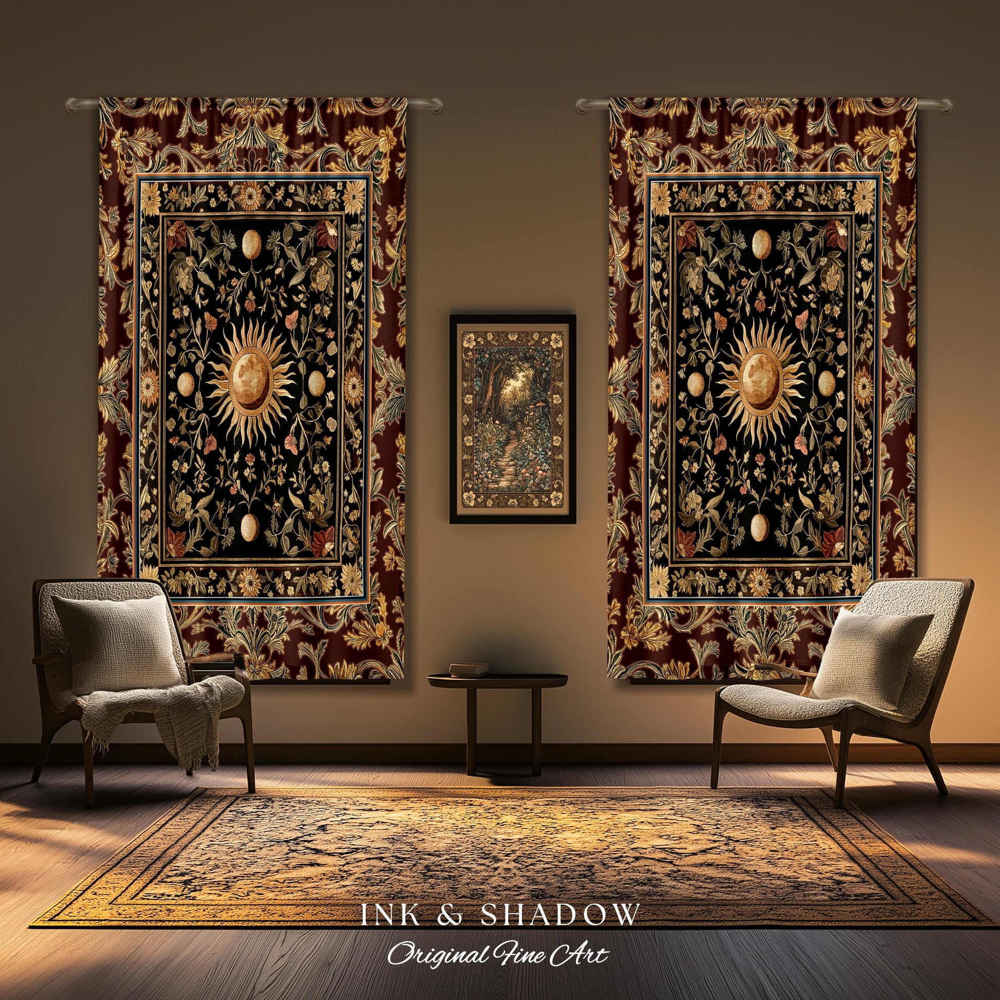 Dark Skies Celestial Drapes | Enchanted Celestial Witchy Astrology Boho Maximalist Decor Sun & Moon Tarot Inspired Gothic Blackout Curtains