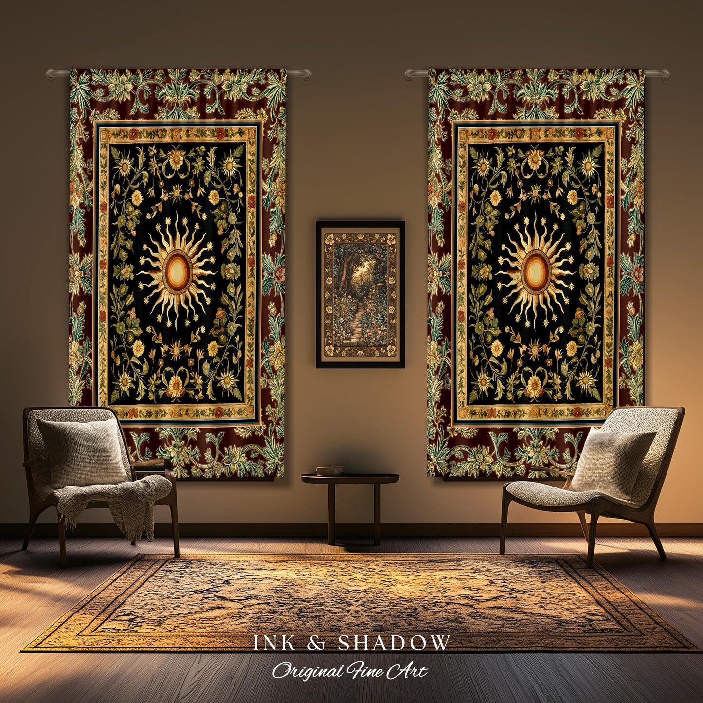 Ethereal Energy Celestial Bedroom Drapes | Mystic Boho Maximalist Astrology Inspired Witchy Sun and Moon Gothic Aesthetic Enchanted Curtains