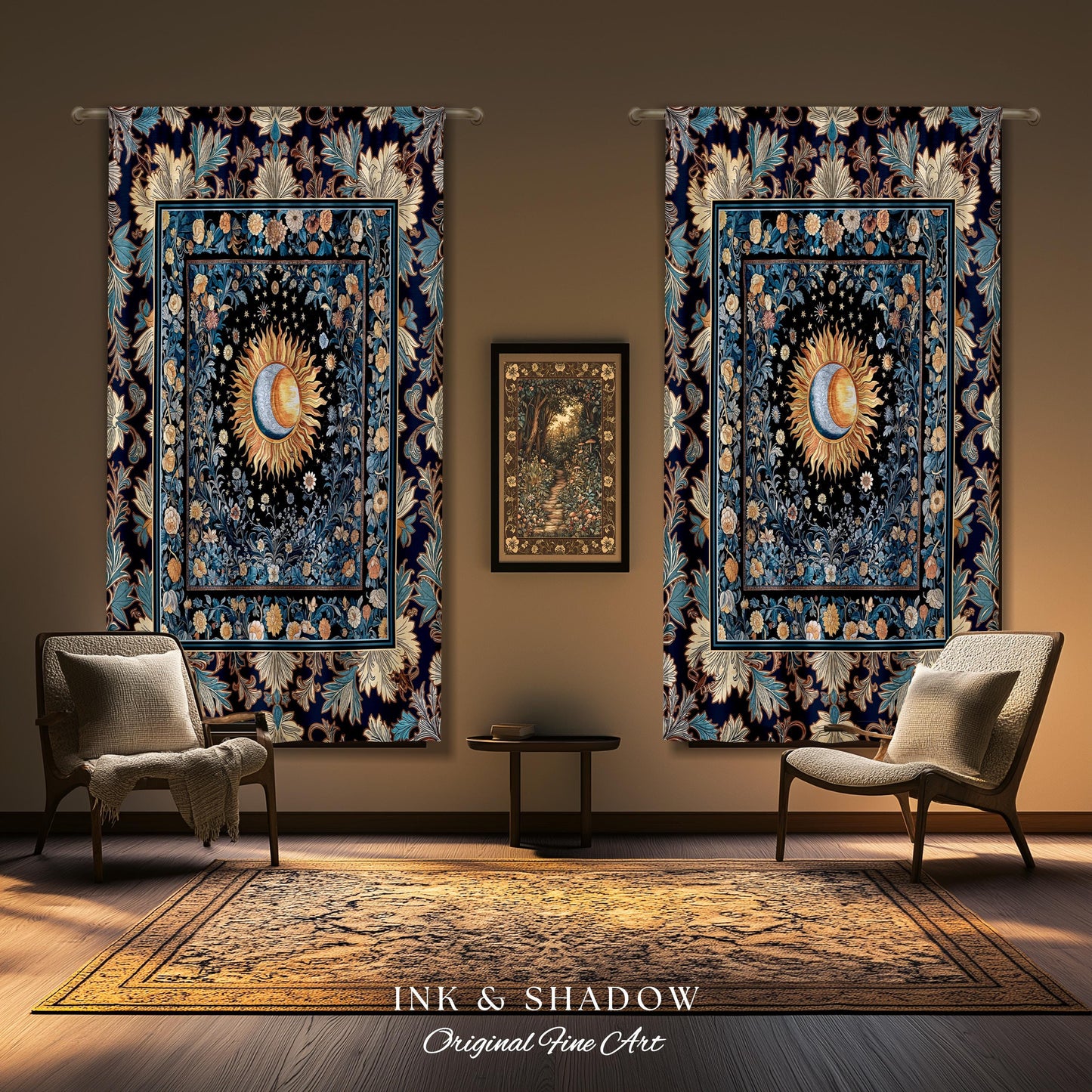 Lunar Energy Peaceful Bedroom Drapes | Gothic Bohemian Astrology Mystic Whimsical Sun & Moon Maximalist Witchy Tarot Decor Celestial Curtain