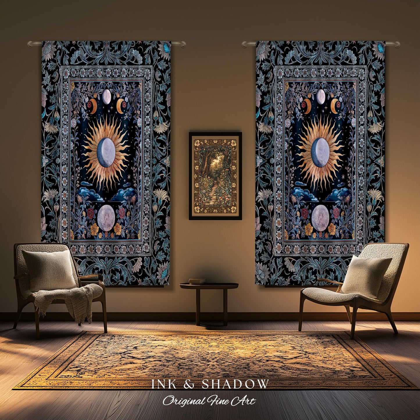 Whimsigothic Eclectic Moon Curtain | Celestial Boho Mystic Tarot-Inspired Astrology Bedroom Decor Witchy Maximalist Floral Aesthetic Drapes