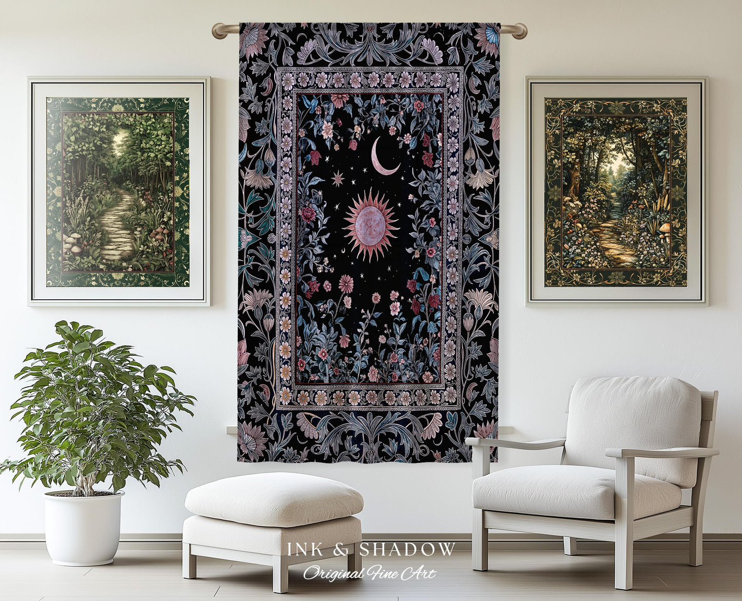 Midnight Lavender Celestial Curtain | Witchy Pastel Tarot-Inspired Bohemian Sun & Moon Maximalist Astrology Whimsical Purple Bedroom Drapes