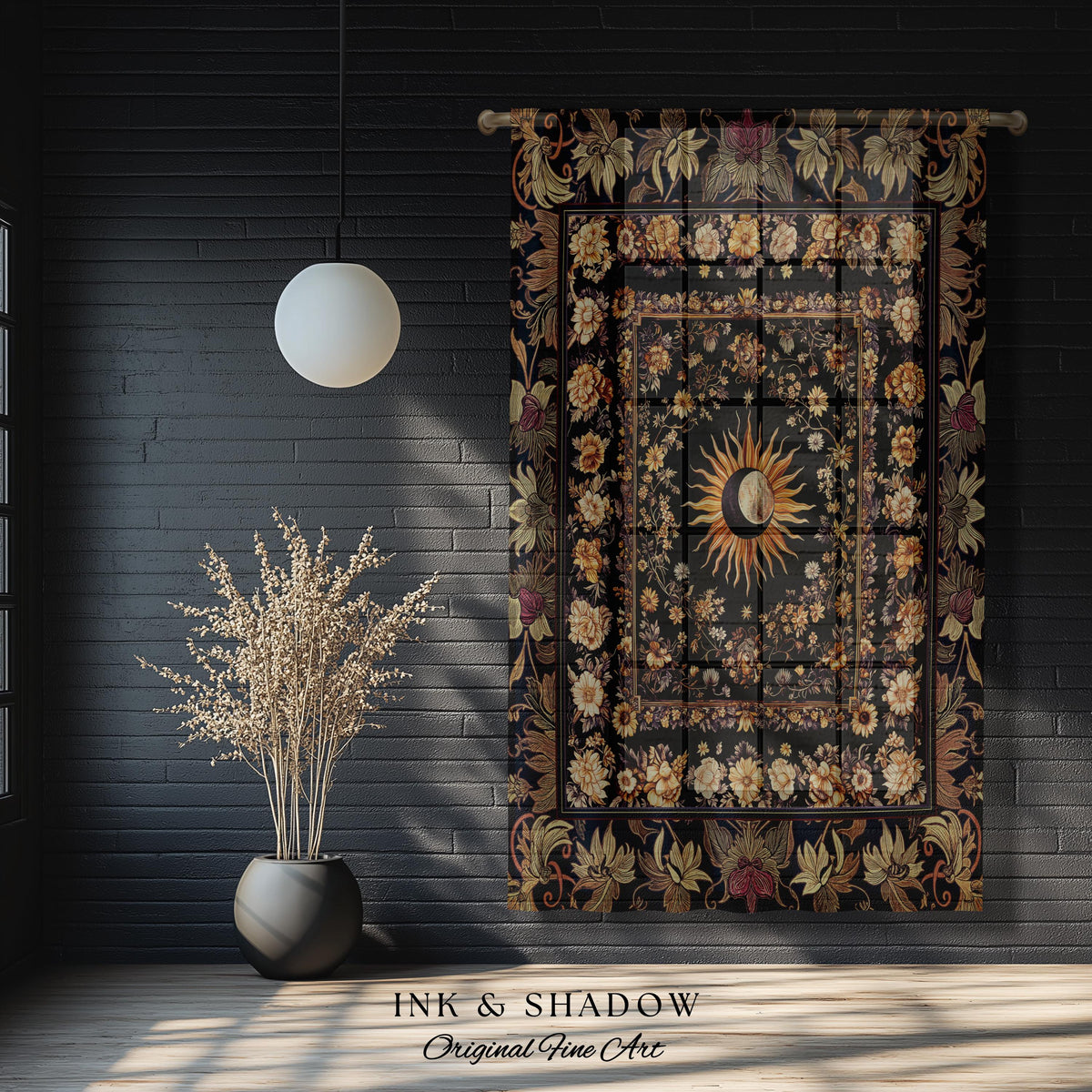Cosmic Elegance Celestial Curtains | Dark Cottagecore Moon & Sun Ethereal Divine Aesthetic Witchy Bohemian Eclectic Spiritual Bedroom Drapes
