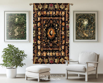 Cosmic Elegance Celestial Curtains | Dark Cottagecore Moon & Sun Ethereal Divine Aesthetic Witchy Bohemian Eclectic Spiritual Bedroom Drapes