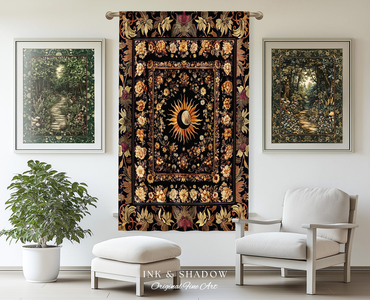 Cosmic Elegance Celestial Curtains | Dark Cottagecore Moon & Sun Ethereal Divine Aesthetic Witchy Bohemian Eclectic Spiritual Bedroom Drapes