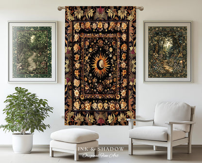 Cosmic Elegance Celestial Curtains | Dark Cottagecore Moon & Sun Ethereal Divine Aesthetic Witchy Bohemian Eclectic Spiritual Bedroom Drapes