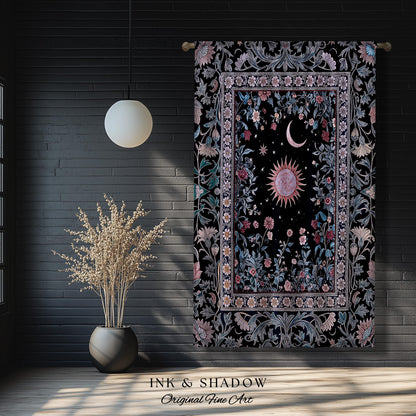 Midnight Lavender Celestial Curtain | Witchy Pastel Tarot-Inspired Bohemian Sun & Moon Maximalist Astrology Whimsical Purple Bedroom Drapes