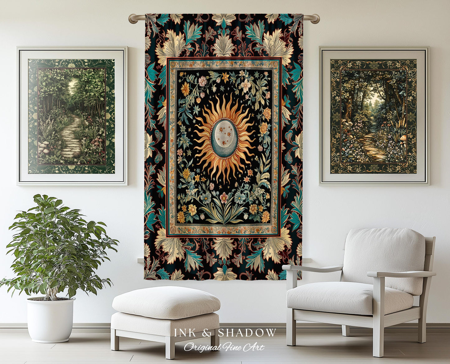 Enchanted Zodiac Mystic Curtains | Celestial Gothic Tarot Inspired Astrology Bohemian Sun & Moon Witchy Maximalist Dreamy Home Decor Drapes