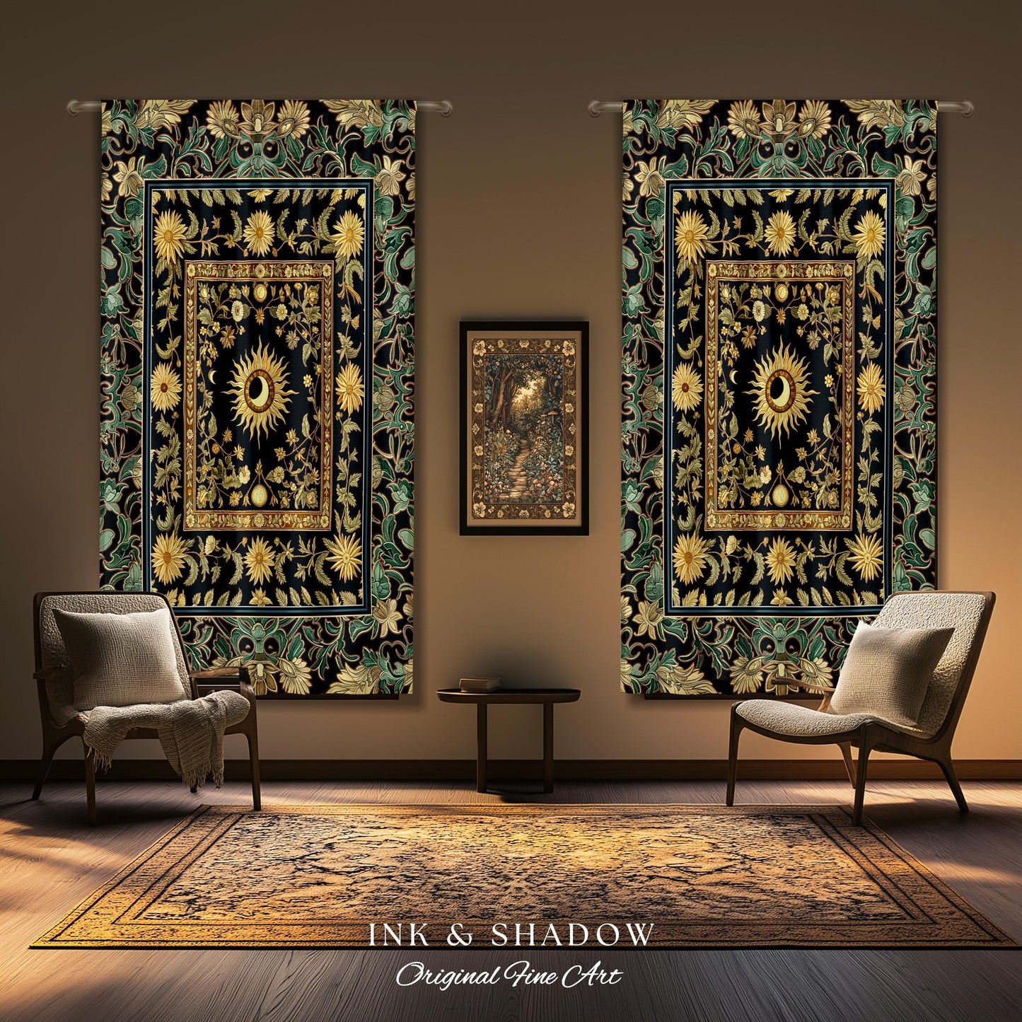 Earthy Spiritual Sun Accent Drapes | Hippie Gothic Botanical Ethereal Mystic Bedroom Curtains Whimsical Celestial Tarot Aesthetic Astrology