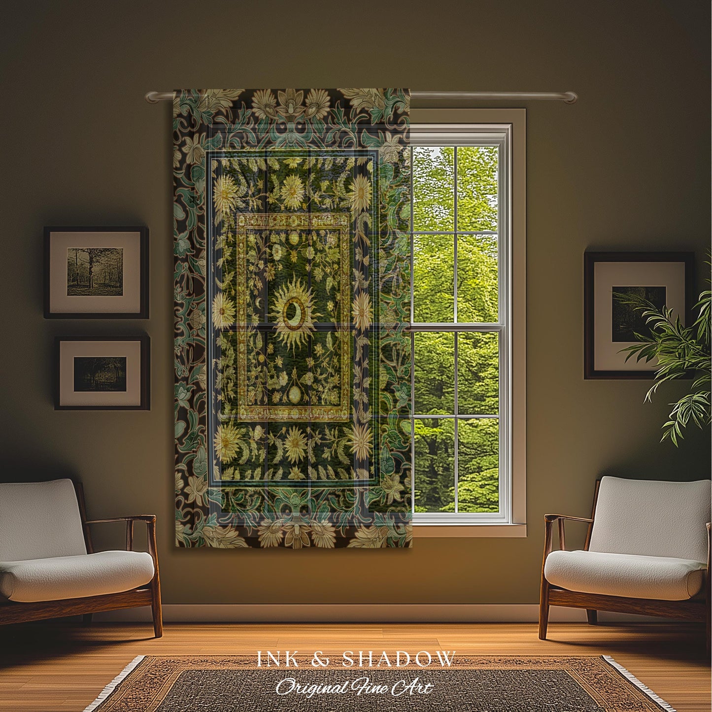 Earthy Spiritual Sun Accent Drapes | Hippie Gothic Botanical Ethereal Mystic Bedroom Curtains Whimsical Celestial Tarot Aesthetic Astrology