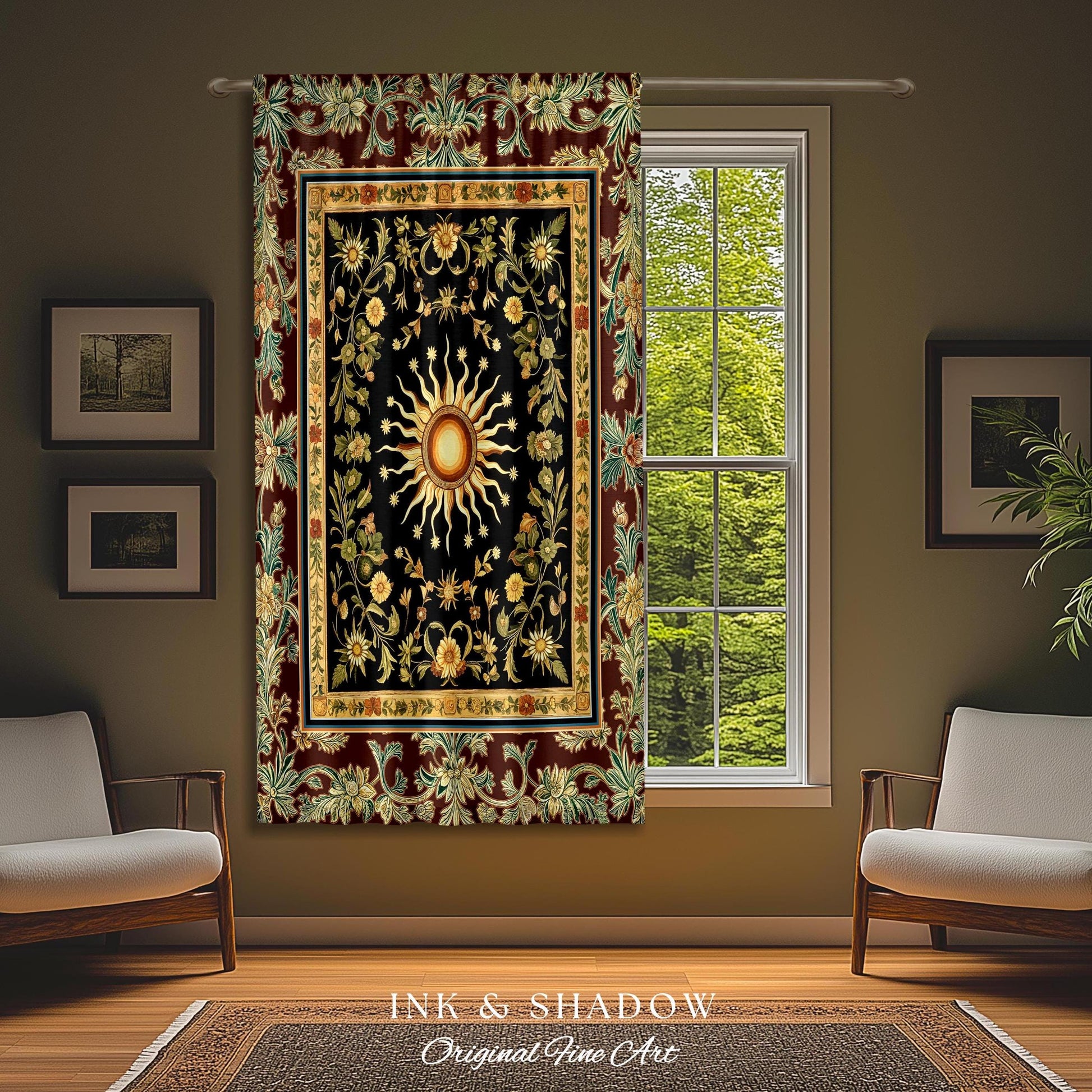 Ethereal Energy Celestial Bedroom Drapes | Mystic Boho Maximalist Astrology Inspired Witchy Sun and Moon Gothic Aesthetic Enchanted Curtains