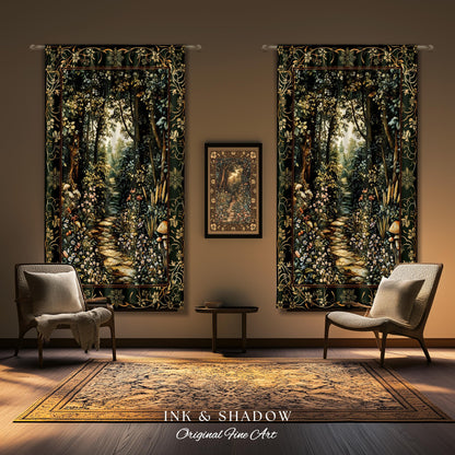 Fairy Meadow Mushroom Forest Curtains Mystic Academia Folklore Inspired, Fairycore Woodland Gothic Whimsical Medieval Window Drapes Floral |