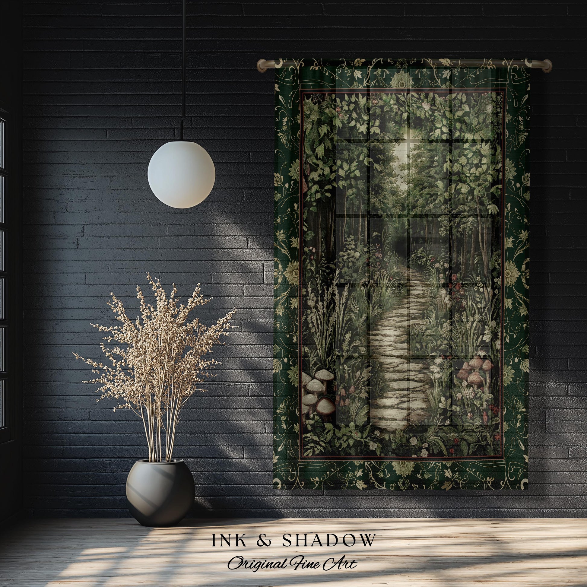 Ethereal Woodland Meadow Curtains | Dark Academia Folklore Fairy Core Aesthetic Drapes Magical Bedroom Emerald Green Home Decor Botanical |