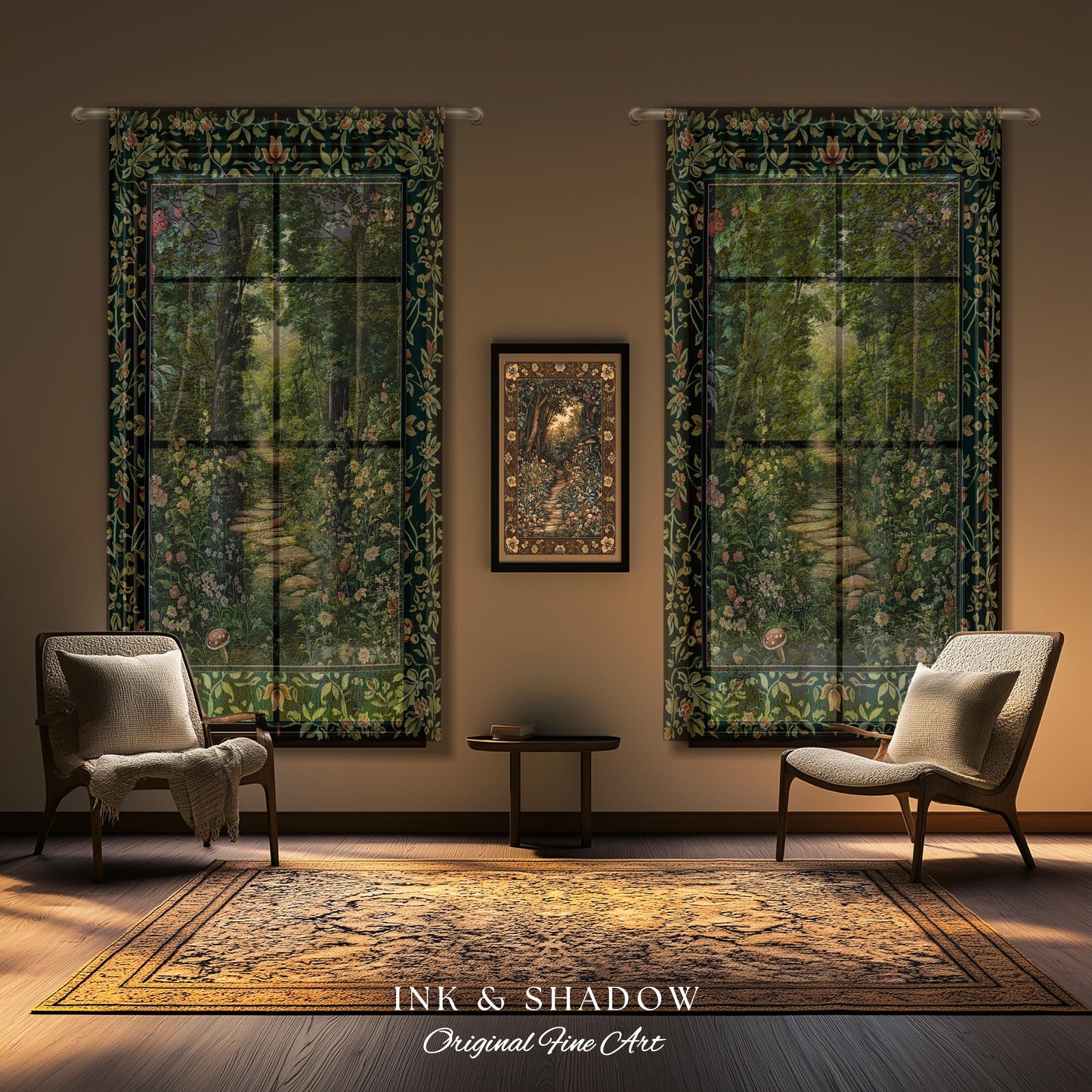 Woodland Forest Cottagecore Curtains | Fairycore Aesthetic Magical Woodland Bedroom Emerald Green Home Decor Whimsigothic Drapes Indie Room