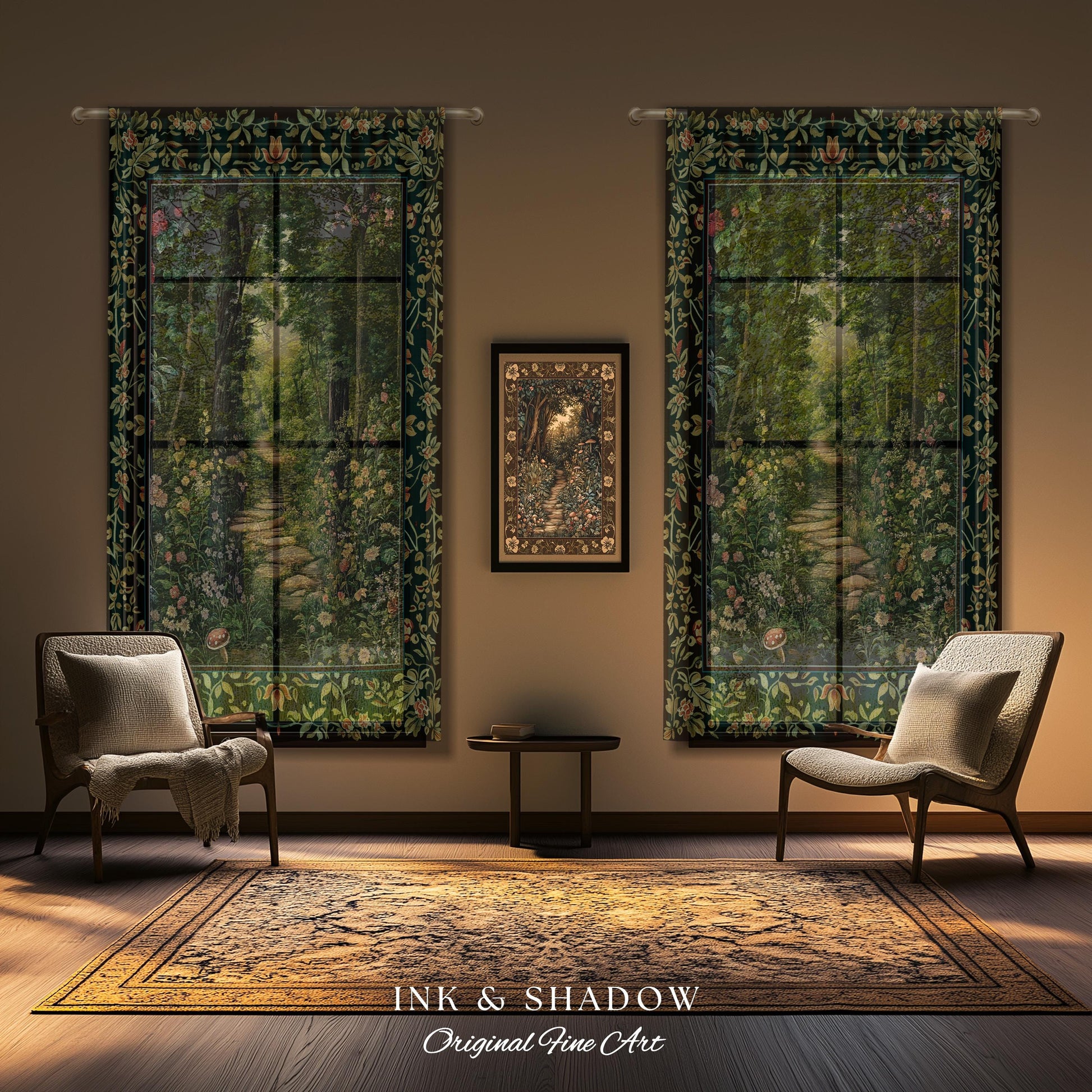 Woodland Forest Cottagecore Curtains | Fairycore Aesthetic Magical Woodland Bedroom Emerald Green Home Decor Whimsigothic Drapes Indie Room