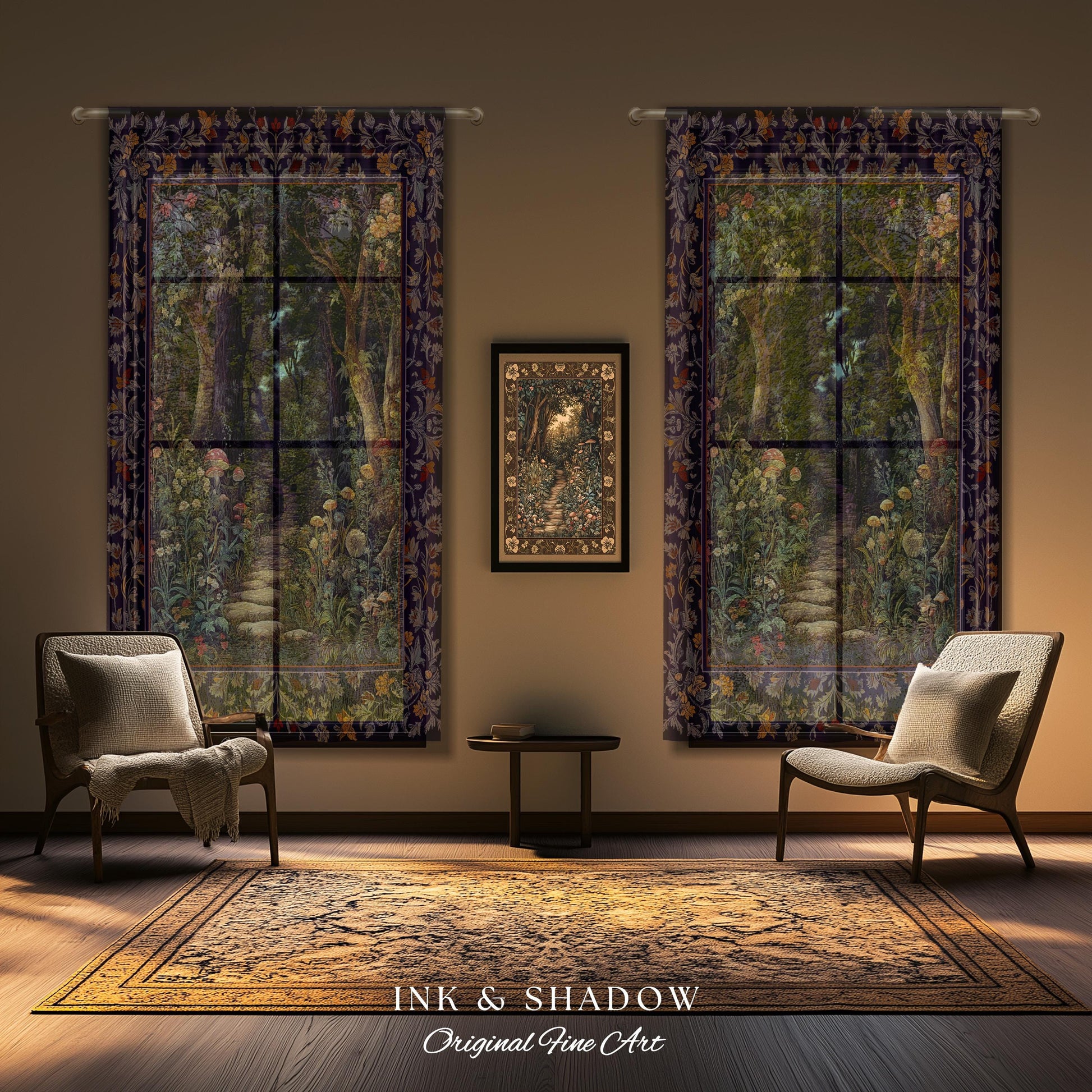 Magical Woodland Mushroom Drapes | Fairytale Theme Woodland Botanical Aesthetic Whimsical Home Window Curtains Bedroom Housewarming Gift |