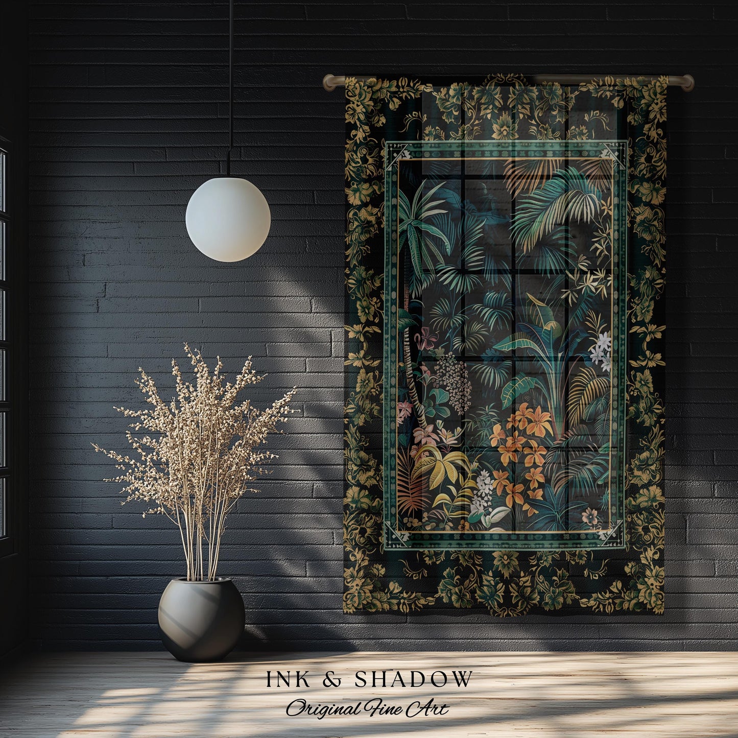 Jungle Foliage Botanical Window Curtains | Bohemian Aesthetic Woodland Living Room Emerald Green Home Decor Plant Theme Indie Bedroom Drapes