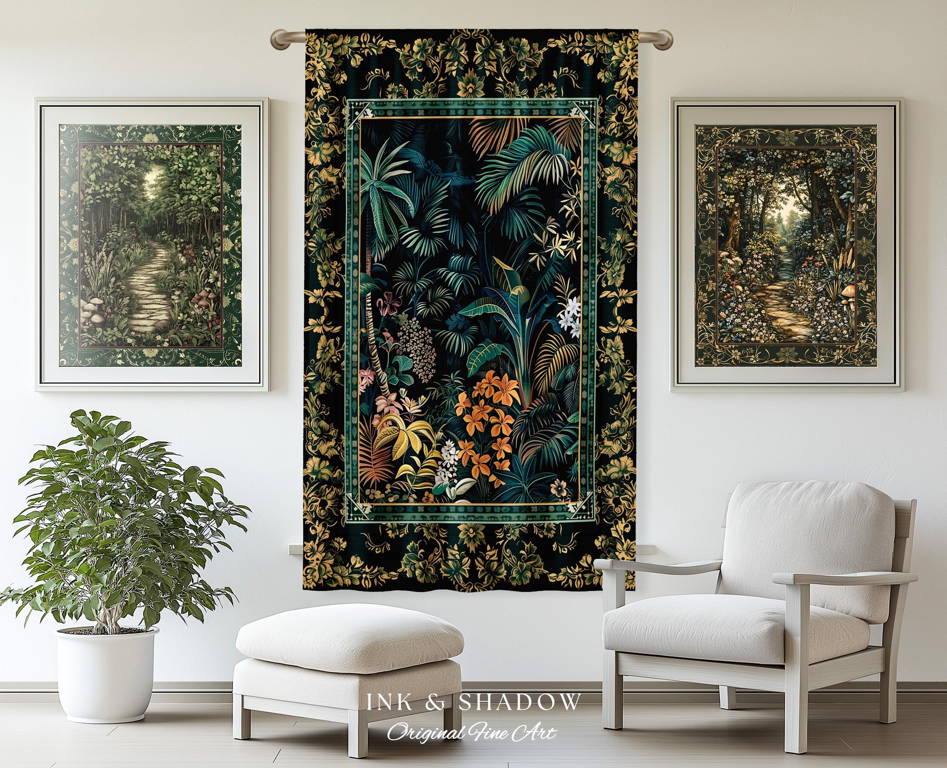 Jungle Foliage Botanical Window Curtains | Bohemian Aesthetic Woodland Living Room Emerald Green Home Decor Plant Theme Indie Bedroom Drapes