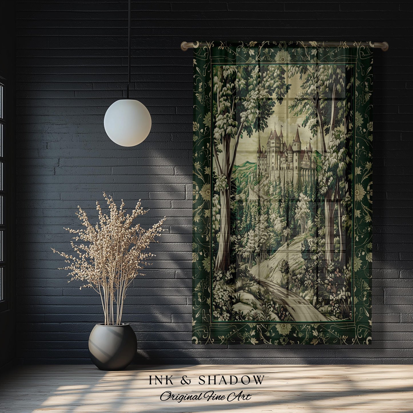 Medieval Castle Woodland Forest Curtains Forestcore Dark Academia Fairytale Decor | Fairycore Magical Emerald Green Landscape Drapes Royal |