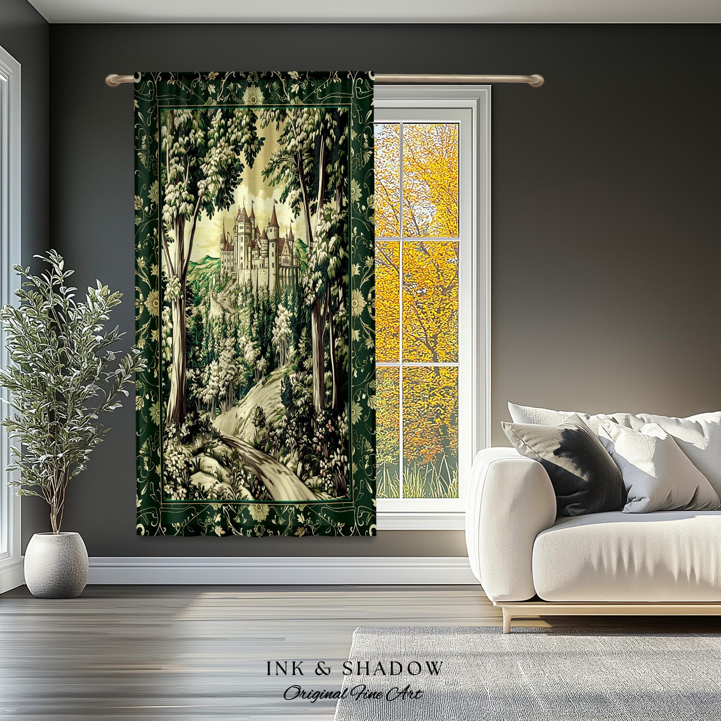 Medieval Castle Woodland Forest Curtains Forestcore Dark Academia Fairytale Decor | Fairycore Magical Emerald Green Landscape Drapes Royal |