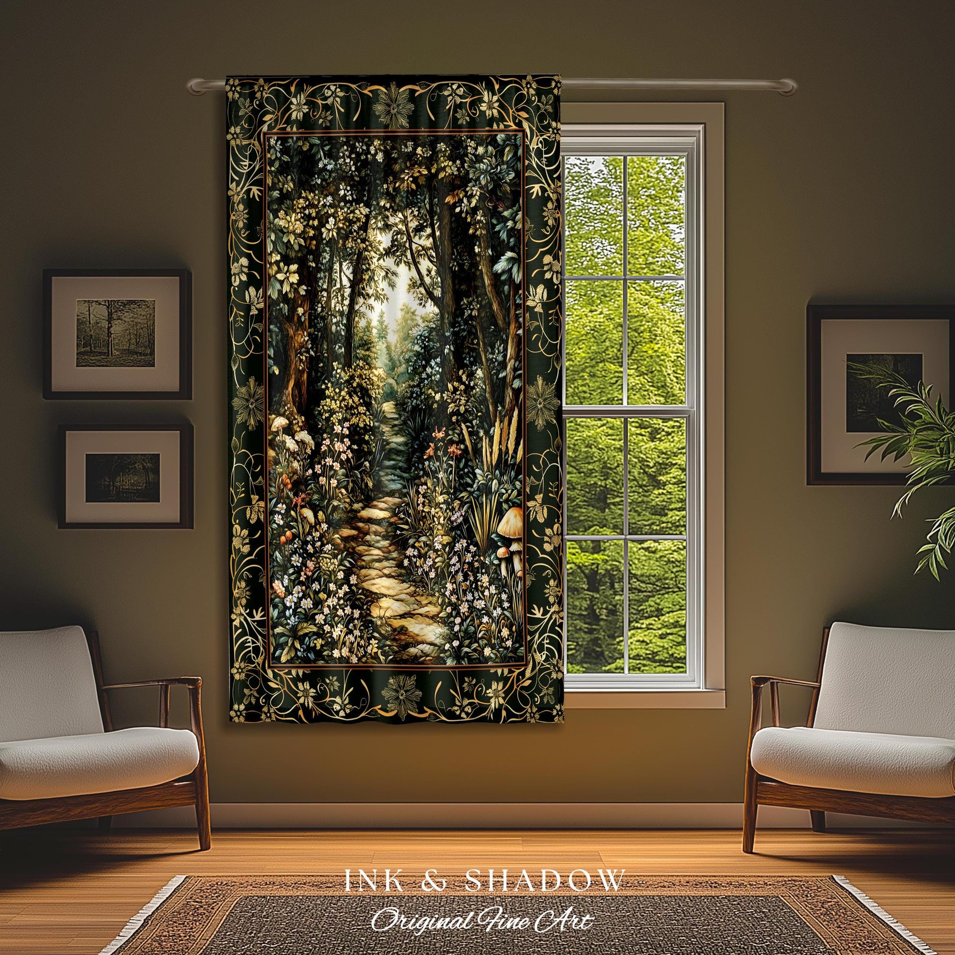 Fairy Meadow Mushroom Forest Curtains Mystic Academia Folklore Inspired, Fairycore Woodland Gothic Whimsical Medieval Window Drapes Floral |