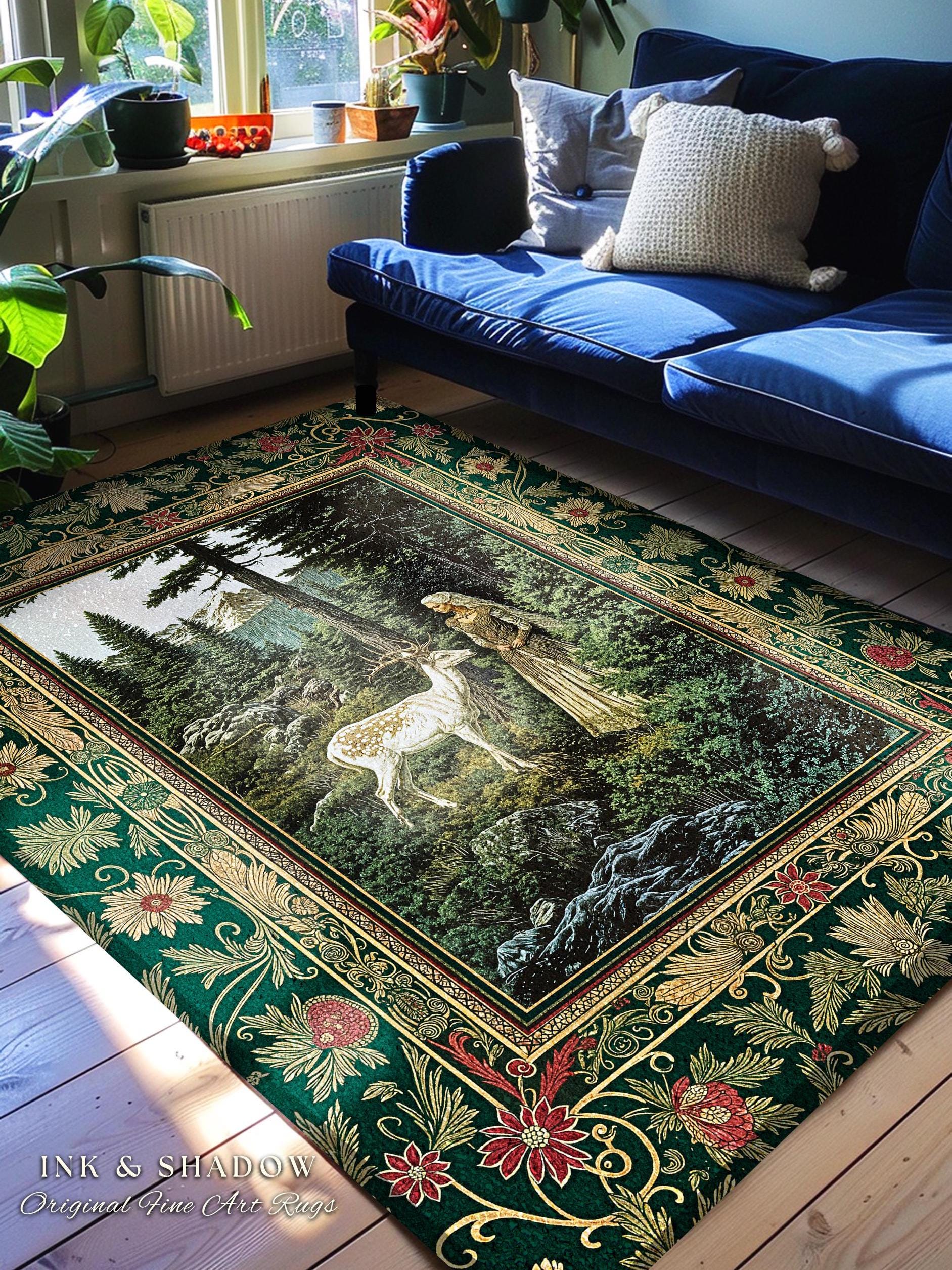 Fairytale Forest Fantasy Bedroom Rug | Woodland Whimsy Nymph Area Rug Emerald Green Dark Fairycore Romantic Victorian Gothic Home Accent |