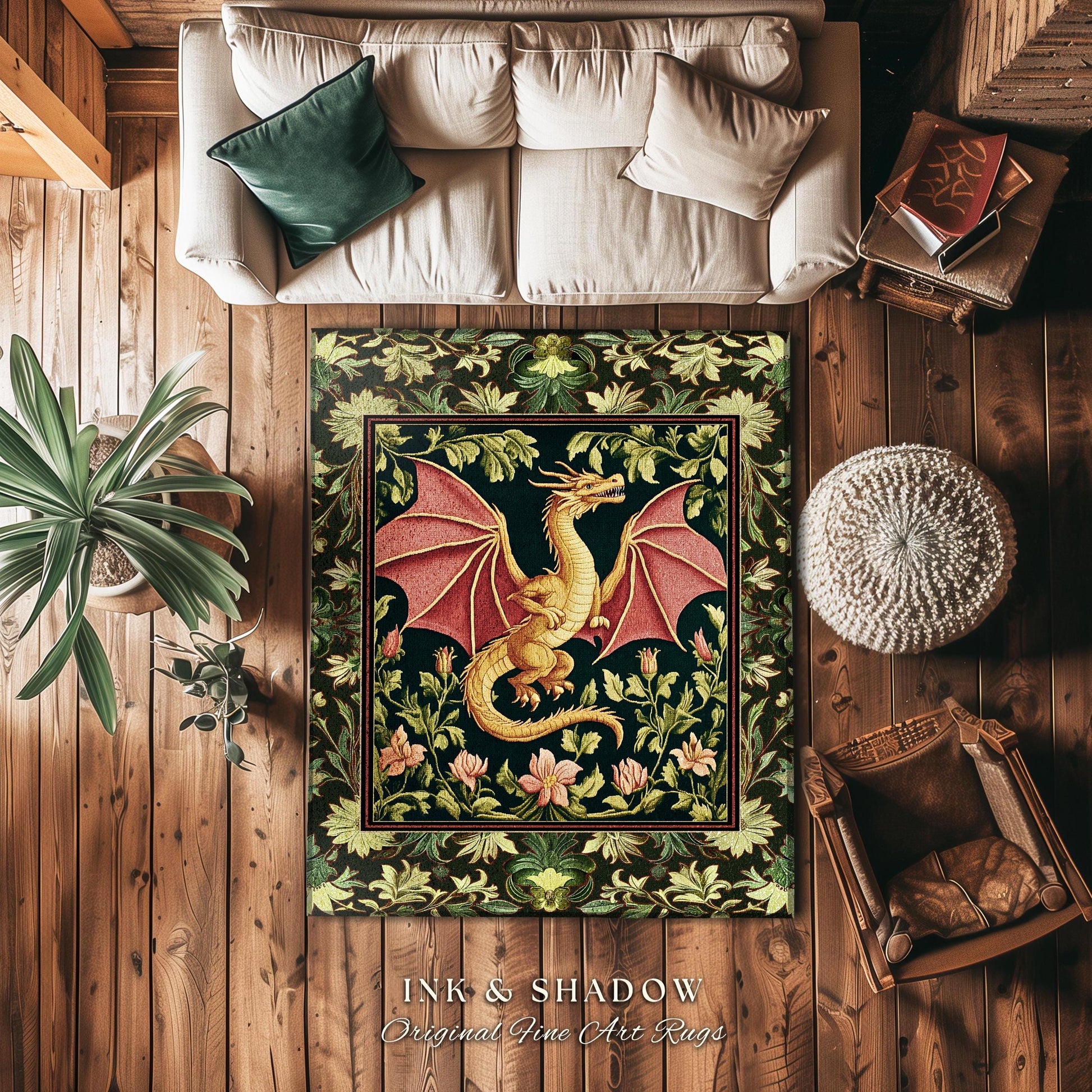Botanical Storybook Dragon Area Rug | Fairytale Aesthetic Floral Victorian Accent Foliage Middle Ages Theme Enchanted Gothic Folklore Magic