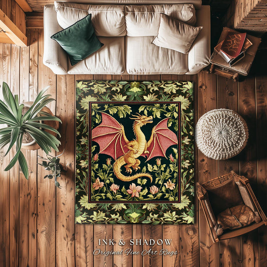 Botanical Storybook Dragon Area Rug | Fairytale Aesthetic Floral Victorian Accent Foliage Middle Ages Theme Enchanted Gothic Folklore Magic