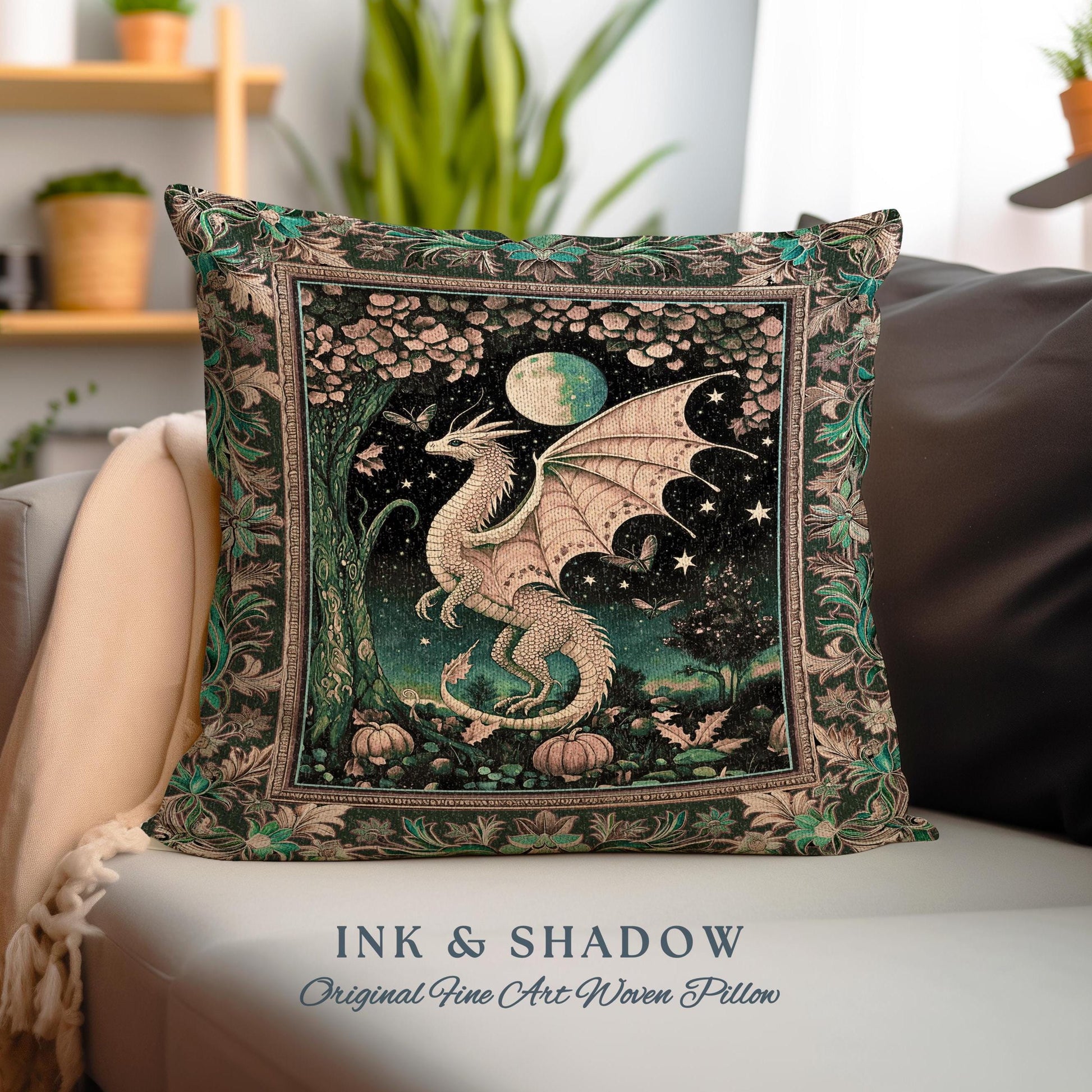 Witchy Whimsigothic Enchanted Night Moonlit Mystic Dragon Pillow Celestial Fairytale Tapestry Cushion, Mythical Fantasy Forestcore Art Decor