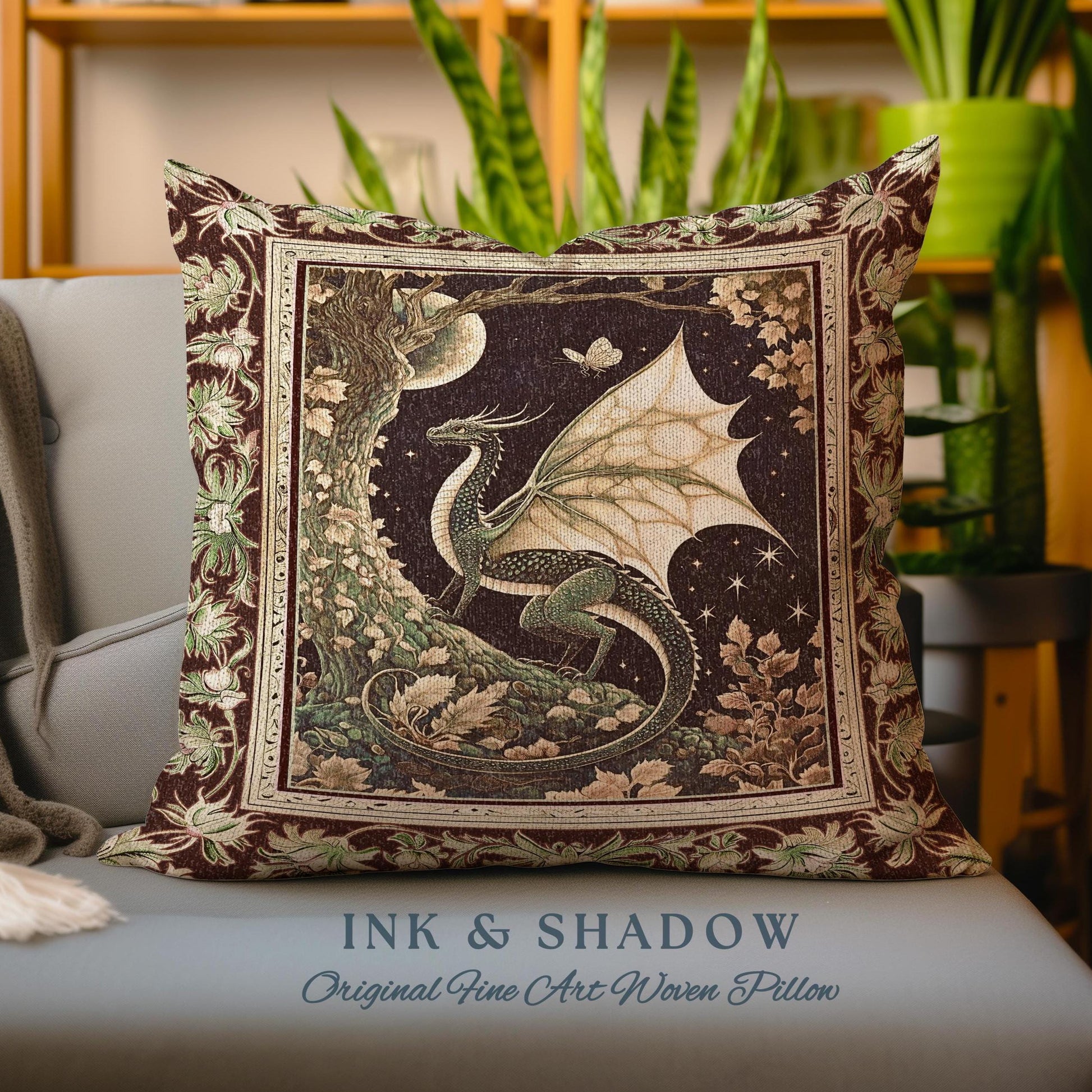 Mystical Dragon Pillow Gilded Hygge Antique Moonlit Forest Fantasy Art | Vintage Celestial Romantic Baroque Woodland Gothic Tapestry Cushion