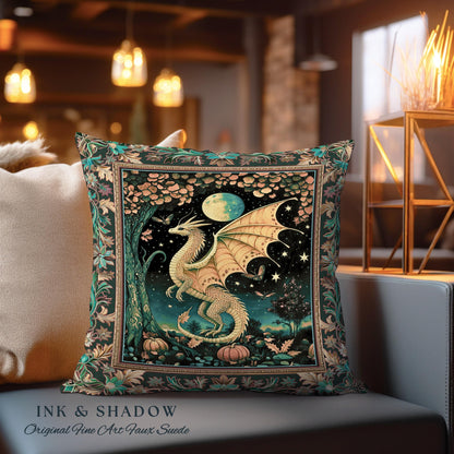 Witchy Whimsigothic Enchanted Night Moonlit Mystic Dragon Pillow Celestial Fairytale Tapestry Cushion, Mythical Fantasy Forestcore Art Decor