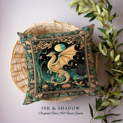 Witchy Whimsigothic Enchanted Night Moonlit Mystic Dragon Pillow Celestial Fairytale Tapestry Cushion, Mythical Fantasy Forestcore Art Decor