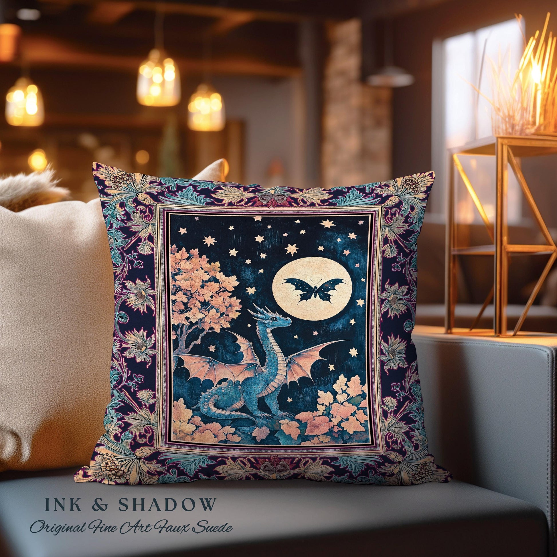 Enchanted Fall Forest Celestial Dragon Pillow Whimsical Starry Night | Magical Woodland Goblincore Mystical Moon Fairytale Ethereal Cushion