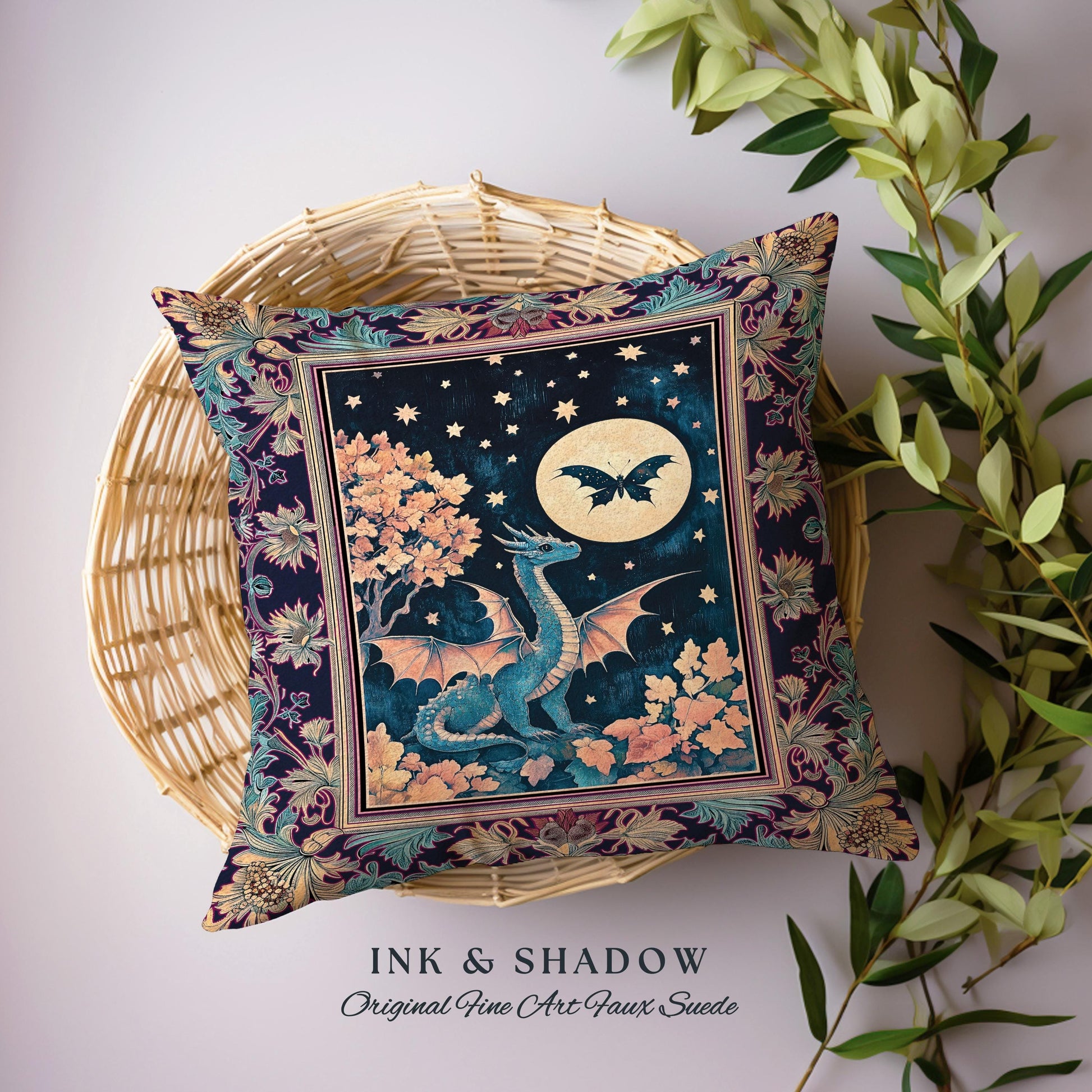 Enchanted Fall Forest Celestial Dragon Pillow Whimsical Starry Night | Magical Woodland Goblincore Mystical Moon Fairytale Ethereal Cushion