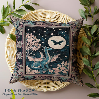 Enchanted Fall Forest Celestial Dragon Pillow Whimsical Starry Night | Magical Woodland Goblincore Mystical Moon Fairytale Ethereal Cushion