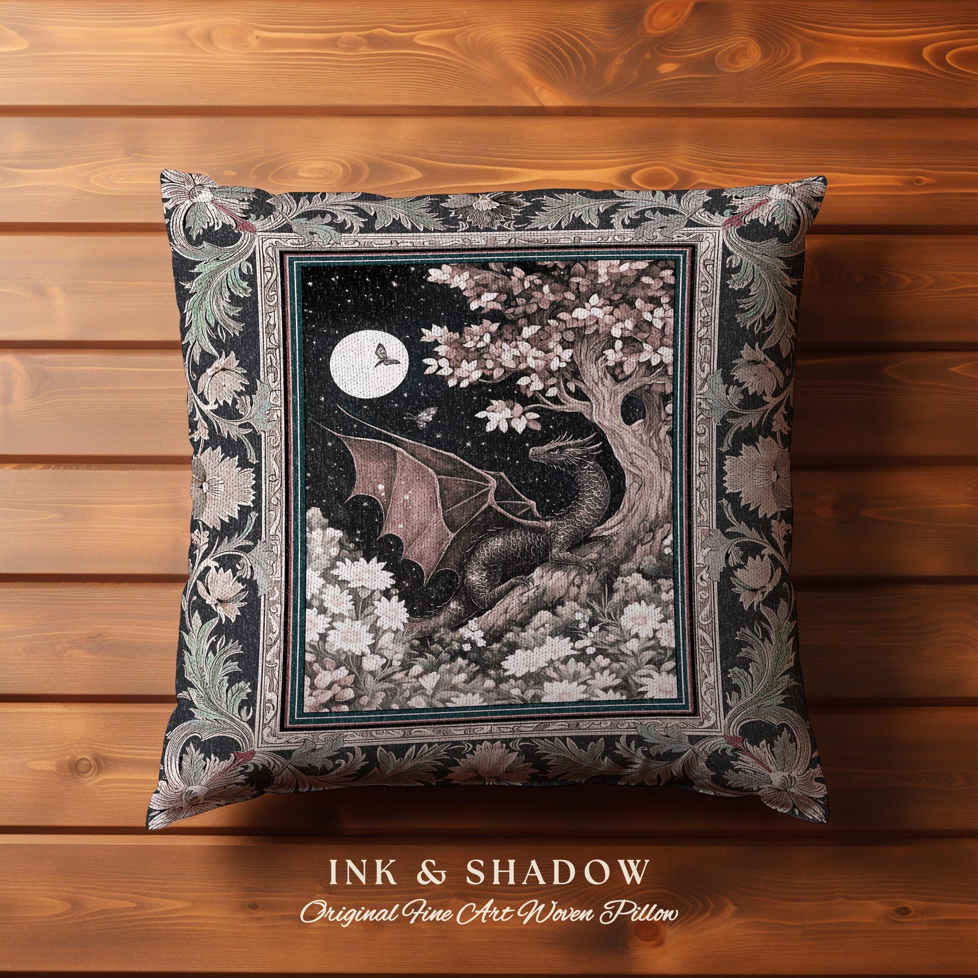 Dreamscape Pillow Twilight Dragon Dark Floral Enchanted Victorian Gothic Pillow | Mystic Forest Whimsical Folklore Magic Tapestry Cushion |